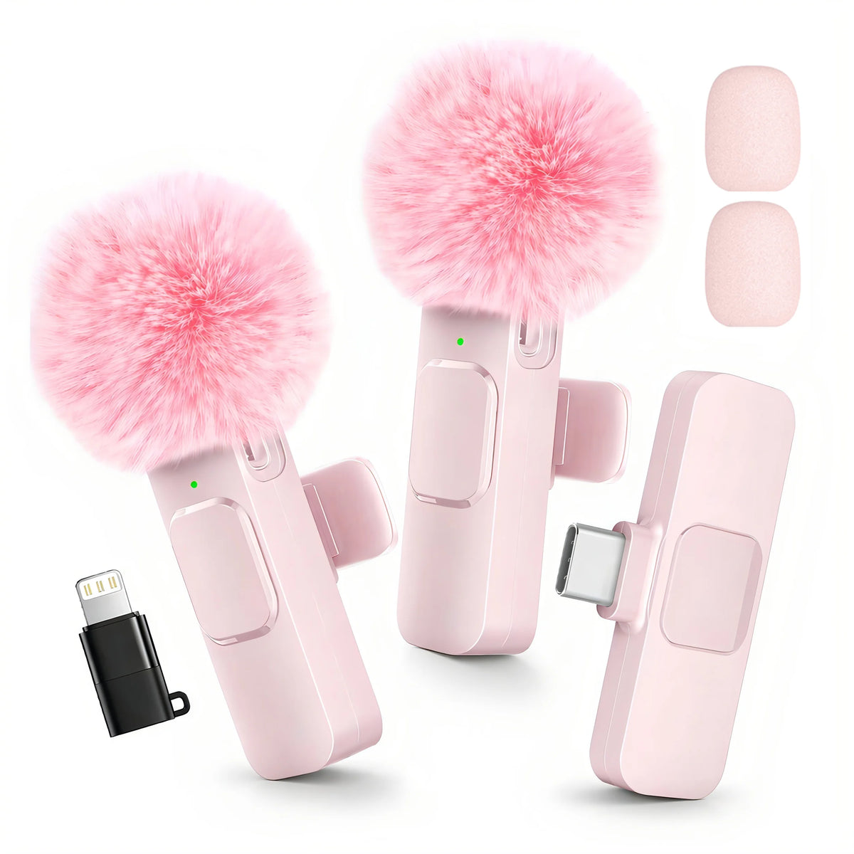 Wireless Lavalier Microphone with Furry Windscreen, Type-C&Lightning Adapter, Mini Clip Mic, Android, iPhone, Tablets, Laptops