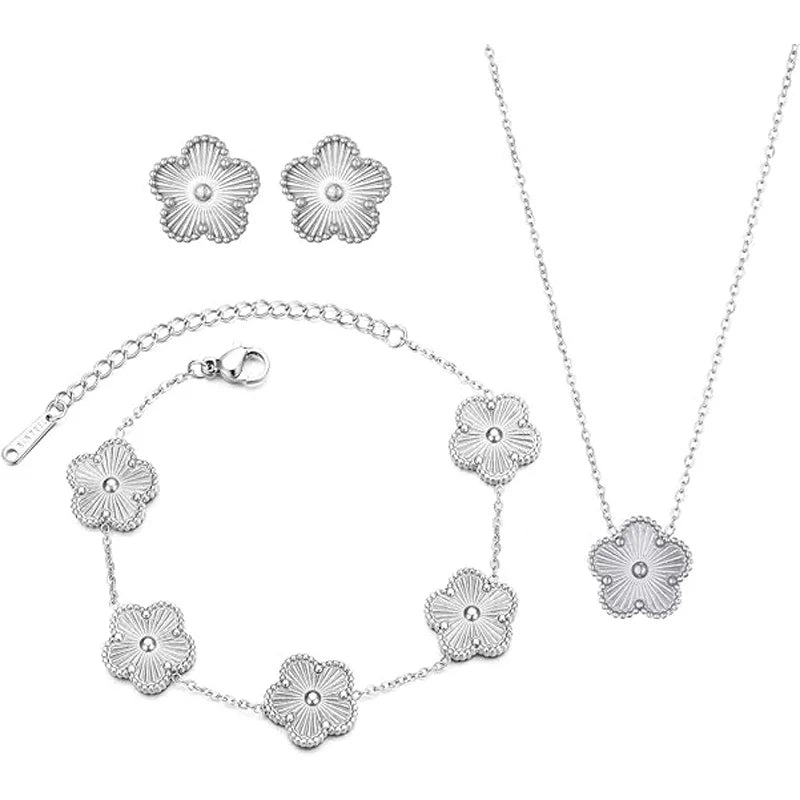 3Pcs Stainless Steel 316L Luxury Plum Blossom Plant Five Leaf Flower Necklace Earrings Bracelet for Women Gift Jewelry Sets
