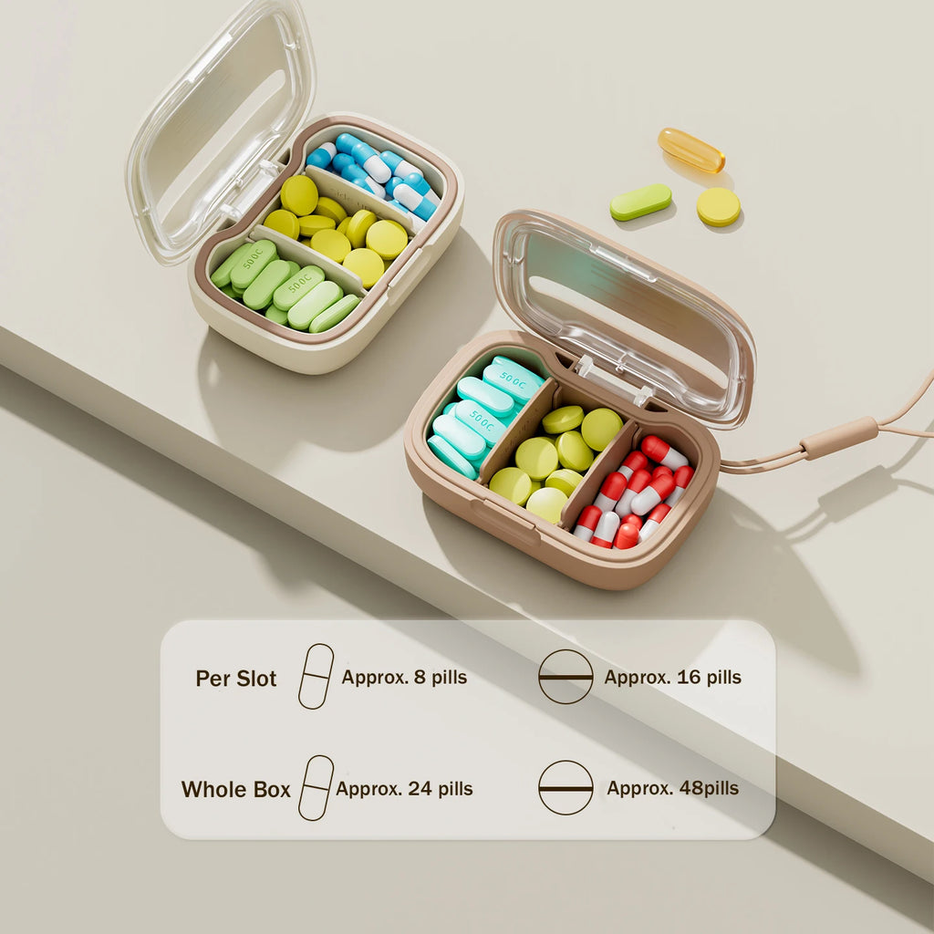 3-Compartment Airtight Waterproof Portable Pill Case with Lanyard, Semi-Transparent Moisture-Resistant Daily Pill Organizer