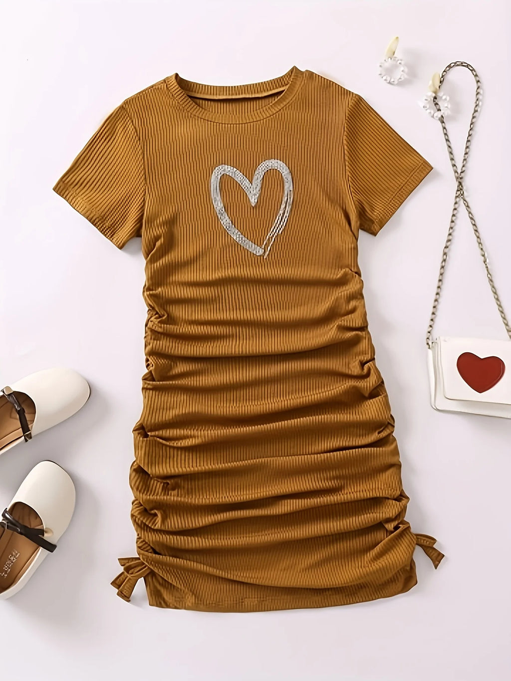 Brown Spice Girl pure fashion sexy dress heart print girl slim short sleeve drawstring pleated belly cover buttock dress summer