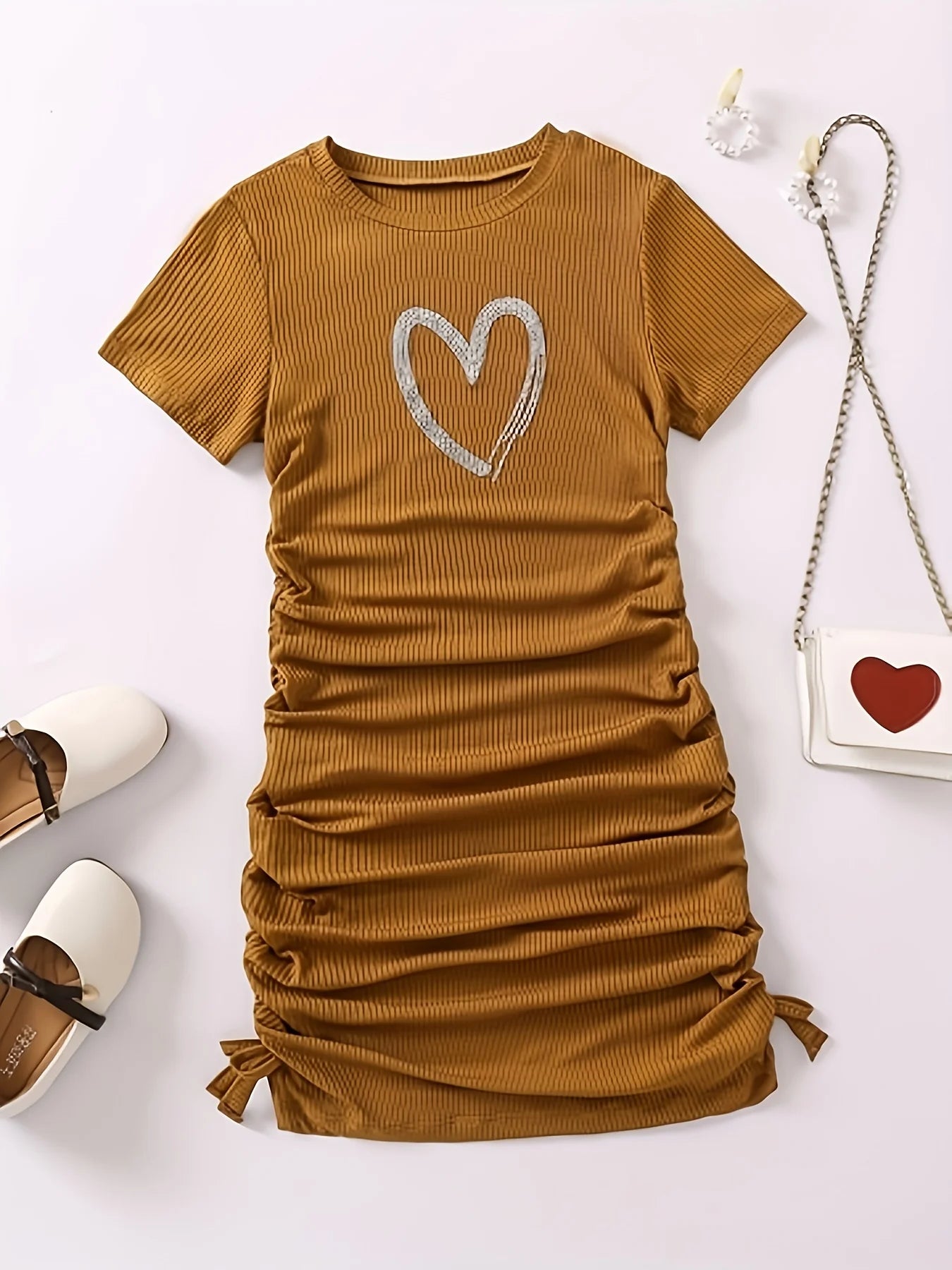 Brown Spice Girl pure fashion sexy dress heart print girl slim short sleeve drawstring pleated belly cover buttock dress summer