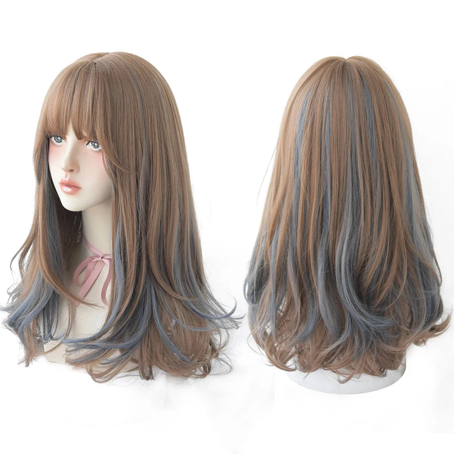 7JHH WIGS Long Wavy Curly Black Blonde Wig for Women Natural Highlight Synthetic Blend Wigs with Bangs Heat Resistant Hair Wig