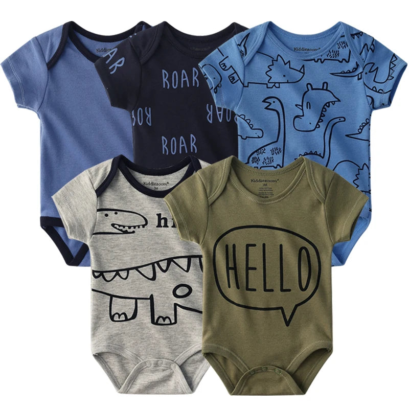 Newborn Bodysuits Unisex 5Pieces Baby Girl Clothes Solid Color Cotton Baby Boy Clothes Set Cartoon Print Summer Bebes