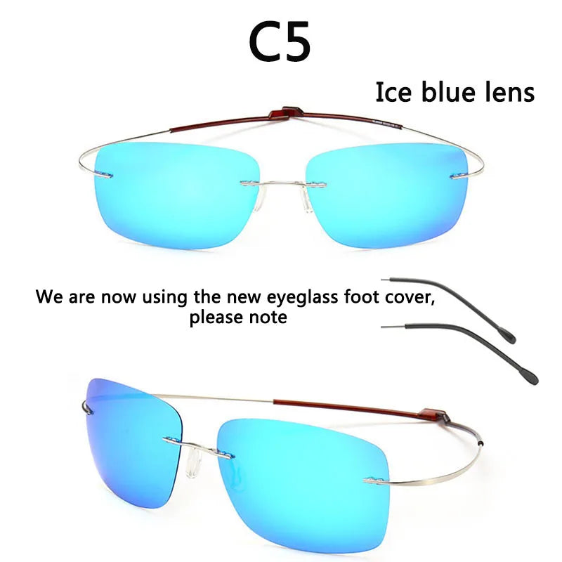NEW Cool 100% Pure Titanium Rimless sunglasses Polarized Lenses Grey Super Thin Lenses Sun-shade UV protection UV400 spring leg