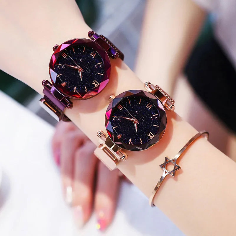 1pcs Moda Feminina Starry Sky Relógios Magnet Buckle Mesh Belt Diamante Quartz Watch Mulheres Vestido Relógio