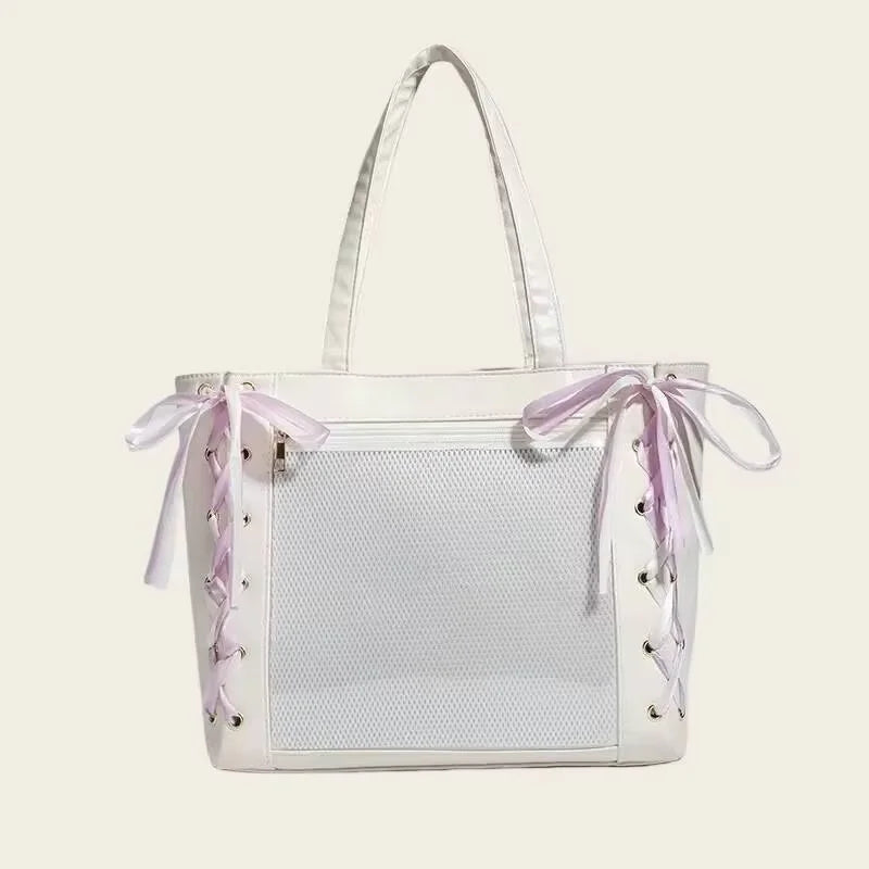 Japanese Sweet Women Ribbon Ita Bag Fashion Large Capacity Tote Bag Aesthetic Shoulder Bag Cute Lolita Girl Transparent Handbags