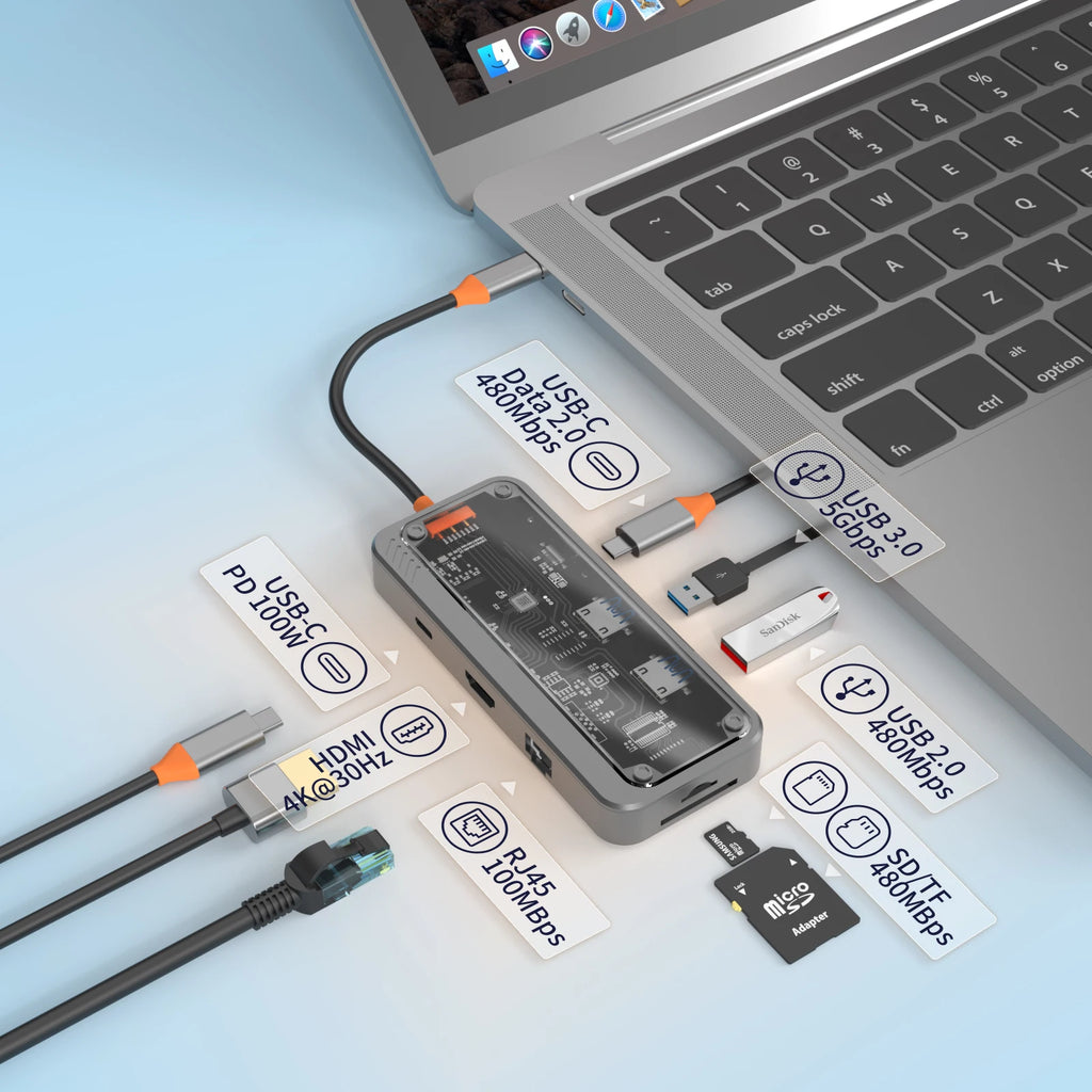 Basix USB C Hub Type C to Ethernet Port PD 100W Adapter for Macbook Pro USB 3.0 Hub Laptop Tablet USB C Hub Docking Station