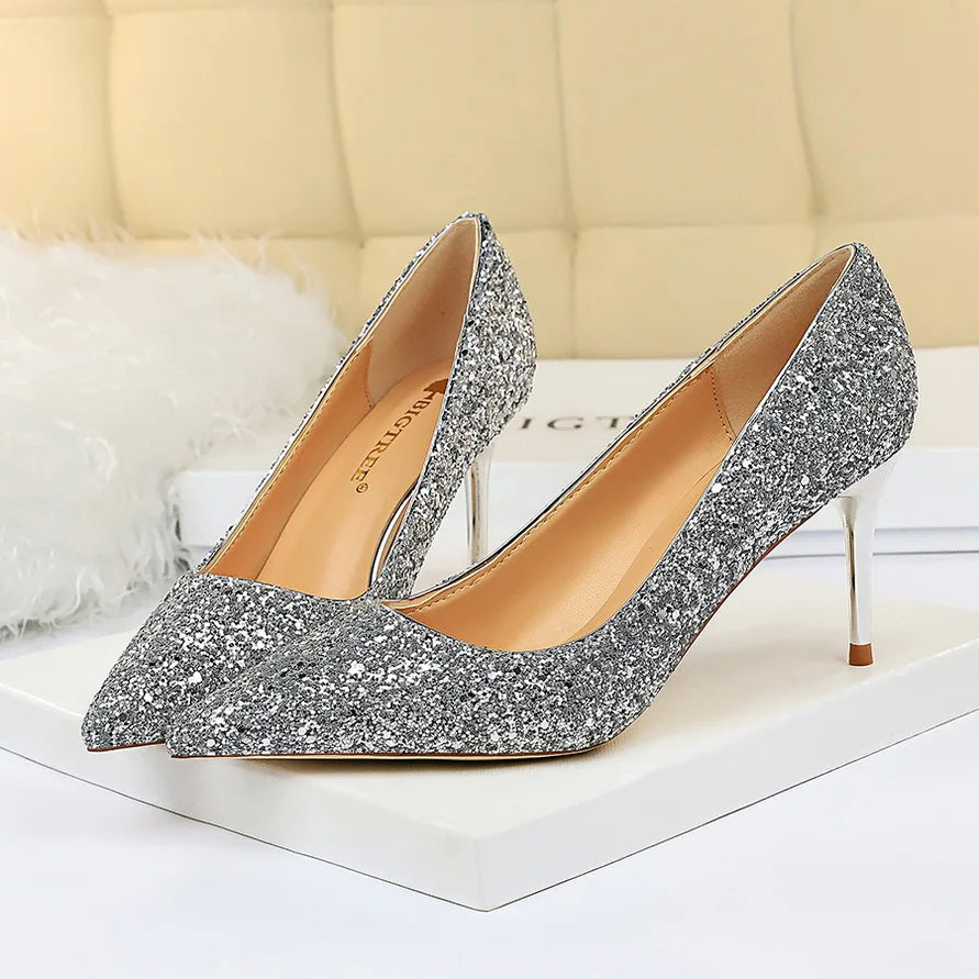 Women 7cm 9.5cm High Heels Bling Pumps Wedding Bridal Scarpins Sparkly Heels Lady Party Sequins Nightclub Evening Gold Red Shoes