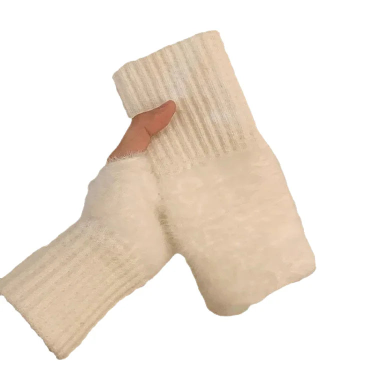 Women's Warm Plush Half-Finger Gloves for Autumn Winter Multi-Functional Cute Office Wear Cold-Resistant Fingerless Mittens
