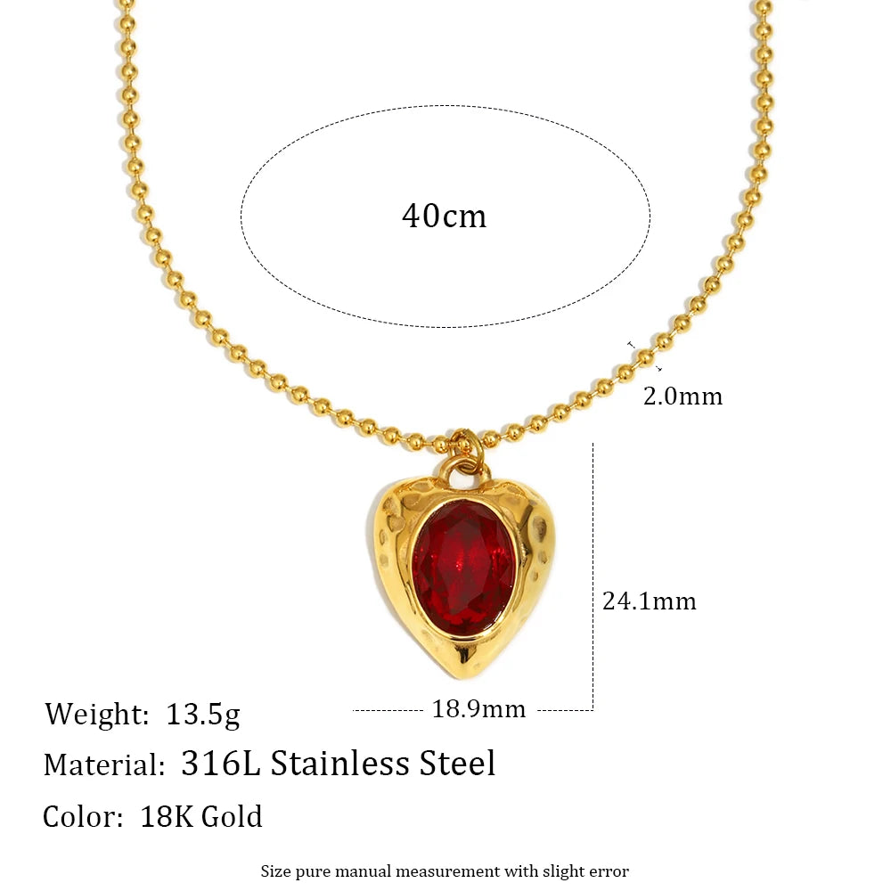 E.B.belle PVD Plated Beaded Chain Heart Shape Red Gemstone Pendant Necklace Stainless Steel Shiny Vintage Neck Jewelry