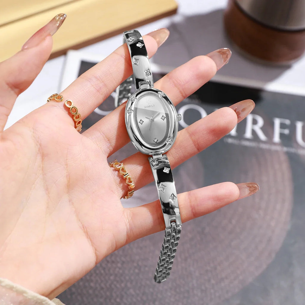XIMILI Ladies Wristwatch Gold Bangle Band Oval Dial Star Rhinestone Quartz Women Dress Watch