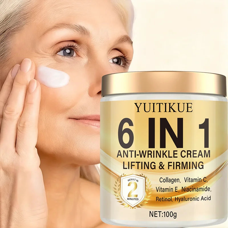6-in-1 Anti-Wrinkle Cream: Deeply moisturizes, firms the skin, contains Vitamins C and E, retinol, and hyaluronic acid.