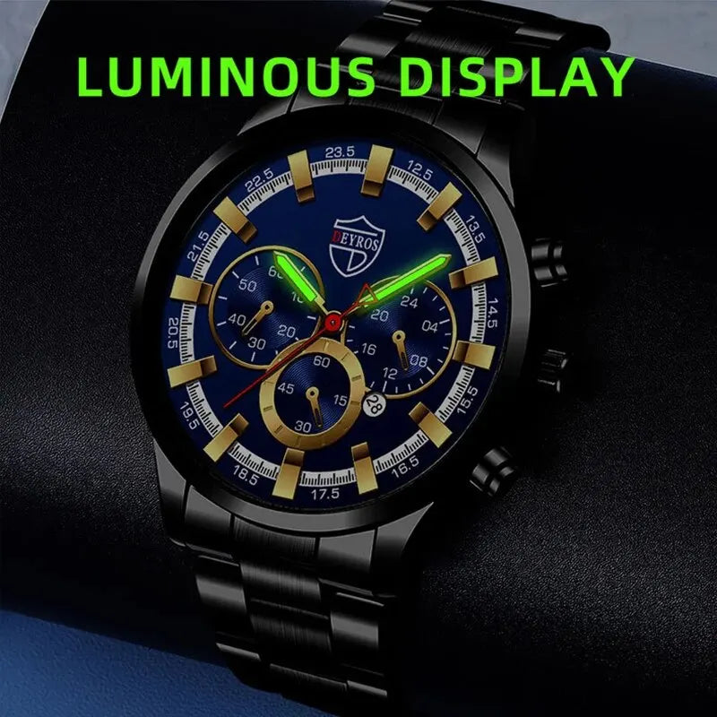 DEYROS 2pcs Luxury Black Quartz Watch & Bracelet For Men Business Fashion Round Calendar Watch Set