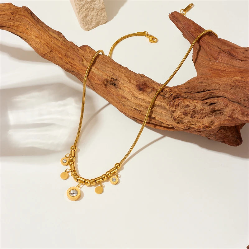 DIEYURO 316L Stainless Steel Round Roman Numeral Zircon Pendant Necklace For Women Vintage Ethnic Ladies Chain Jewelry Gifts