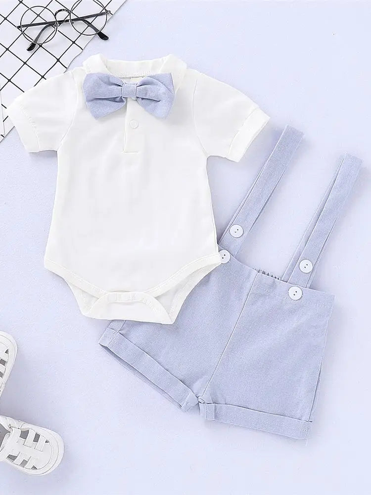 2PCS Newborn Baby Boy Clothes Set Formal Suit Gentleman Romper +Suspenders Shorts Toddler Boy Summer Outfits for 0-24 Months