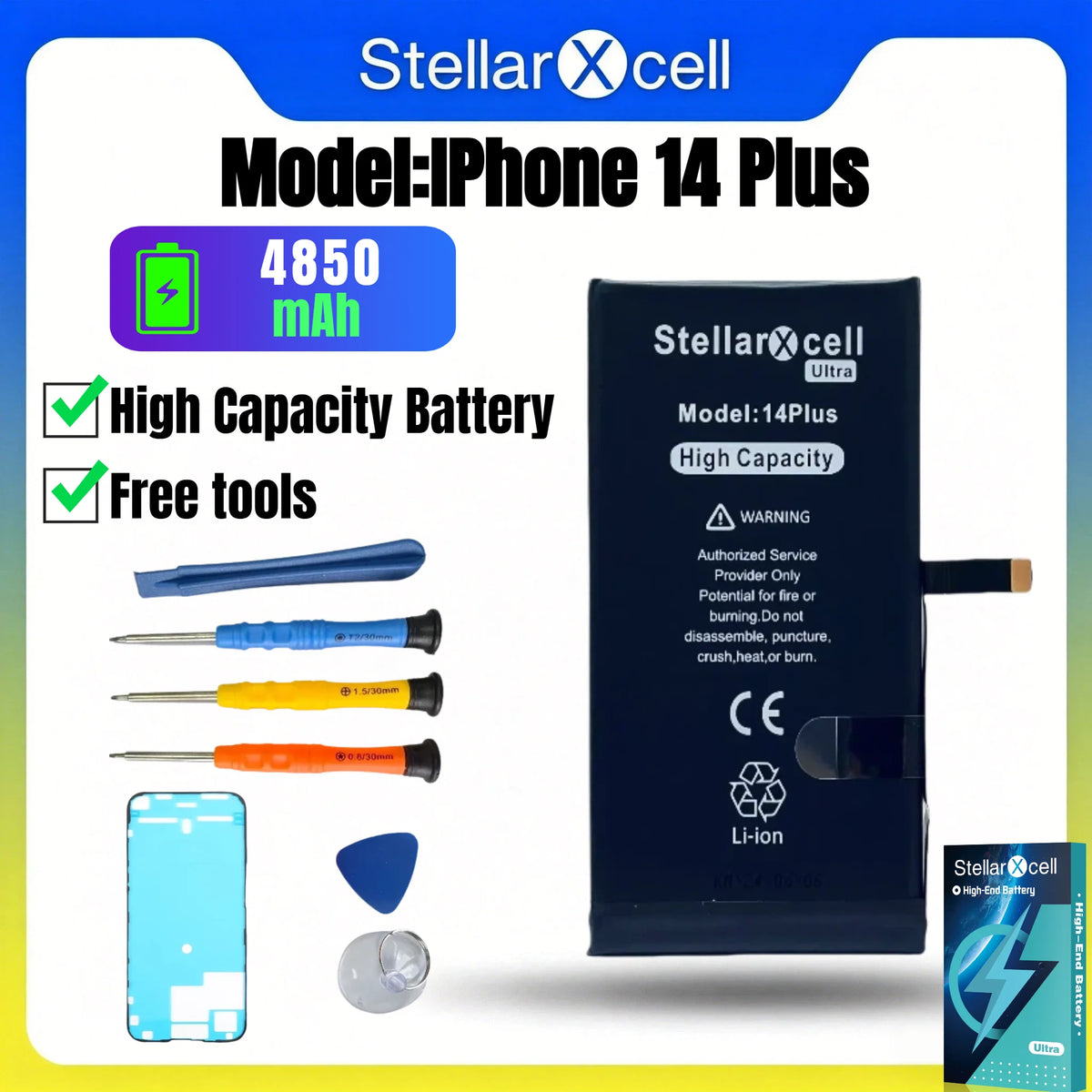 StellarXcell Ultra Original Battery High Capacity Cell for iPhone 7037 TI for 11 12 13 14 15 Pro Plus promax mini with Free Tool