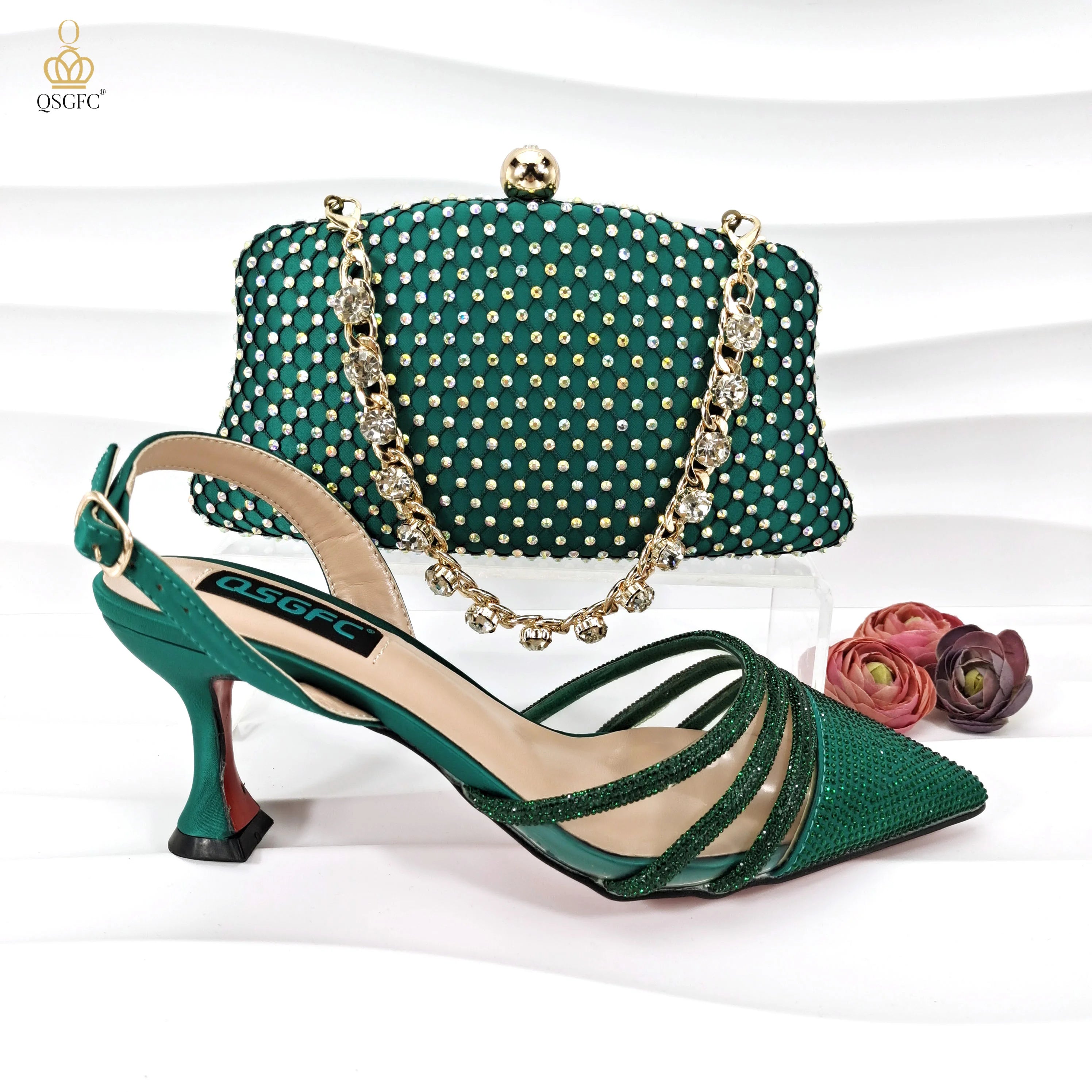 QSGFC Italian Design Nigeria New Trendy Full Diamond Embellished High Heels Peach Color Women's Bag and Shoes For Party Wedding