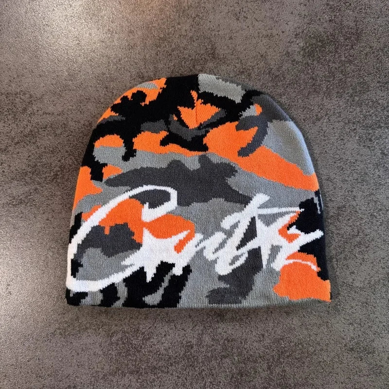 1pc Camouflage Jacquard Knit Beanie Unisex Graffiti Letter Star Pattern Skull Cap Hip‑Hop Street Style Warm Winter Knitted Hat