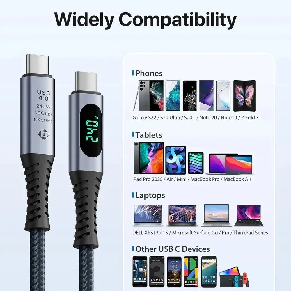 1M USB 4 Cable with LED Display Supports 8K Video 40Gbps 240W USB C Charging Cable For lPhone 15 MacBook Docking Stations