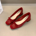Fashion Elegant Red Ballerinas Women Pumps Slip on Loafers Round Toe Square Heels Bowknot Casual Spring Autumn Low Heel Shoes