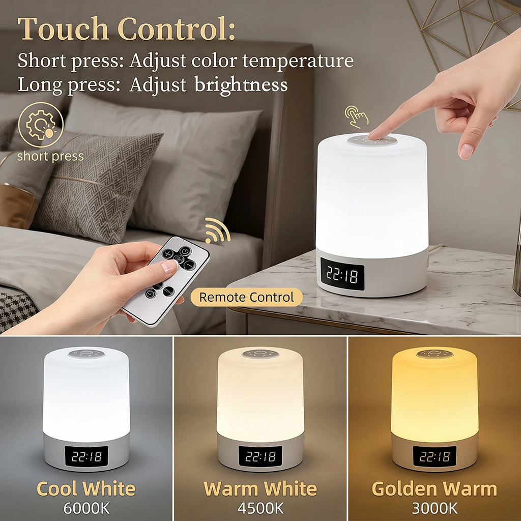 Touch Control LED Night Light with Clock Timer Remote Control USB Bedside Lamp Dimmable 3 Color Temperature Bedroom Sleep Lamp