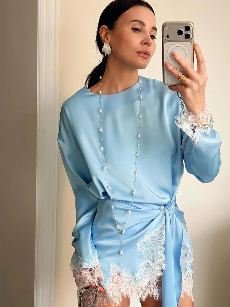 Satin Lace Patchwork Dress Women Long Sleeve O-neck Casual 2026 Spring Female Dresses Casual Solid Beach Robe not contain pearls