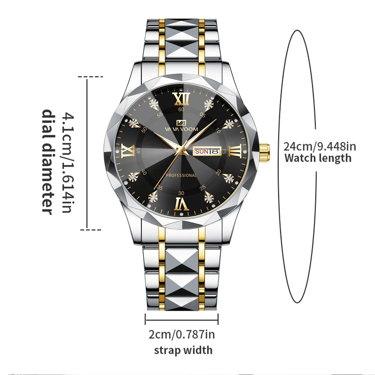 Stainless Steel Watch Men Dual Tone Strap 41mm Blue Rhinestone Dial Quartz Business Clock Suitable Dinners Dates Formal Watches