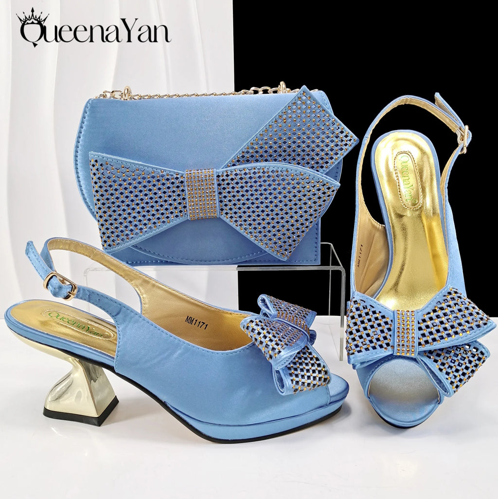 Queena Yan Elegant Women High Heels for Peep Toe Good Material Rhinestone Wine Sandals Italian Design Shoes and Bags Matching