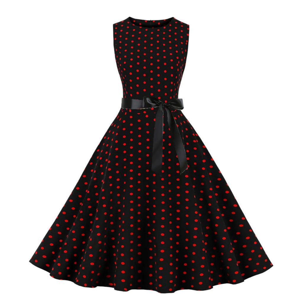 Vintage 1950s Retro Pleated Dress Short Sleeve Polka Dot Print Dress For Women Elegant Evening Party Gown Prom Swing Dresses