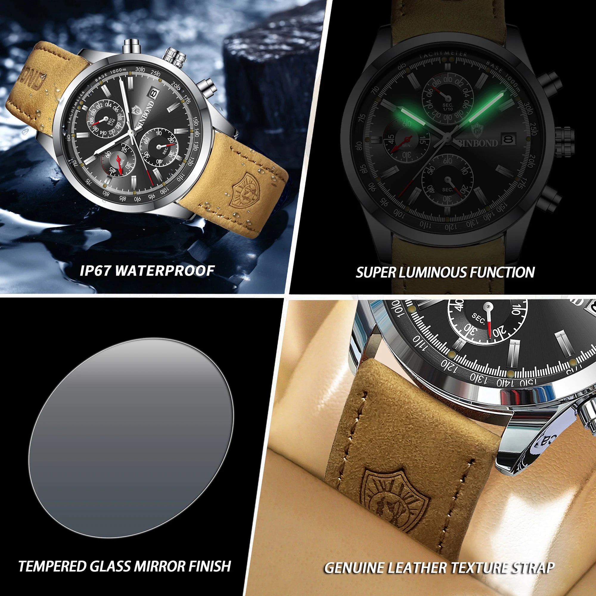BINBOND Luxury Quartz Wristwatches Luminous Waterproof Auto Date Chronograph Men's Watch Business Sport Watch for Men Reloj