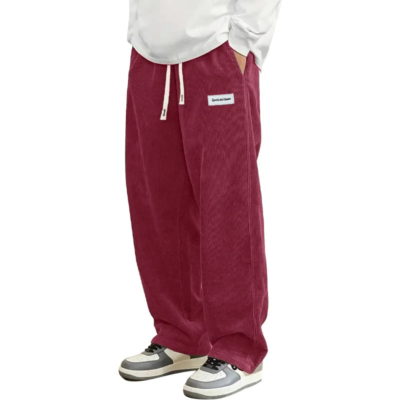 Autumn Mens Corduroy Casual Pants Fashion Loose Fit Pants Straight Sweatpants Elastic Waist Drawstring Outdoor Streetwear
