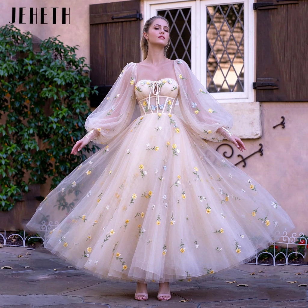 JEHETH Fairy Floral Print Prom Dress Sweetheart Long Puff Sleeves Embroidery Lace A-Line Champagne Evening Gowns Ankle Length