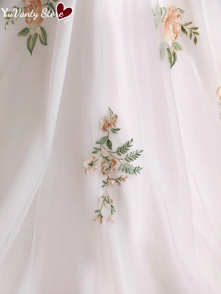Customized A Line Tulle Wedding Dress Sleeveless V Neck V Back Colorful Floral Embroidery Bridal Gown Beach Wedding Dress
