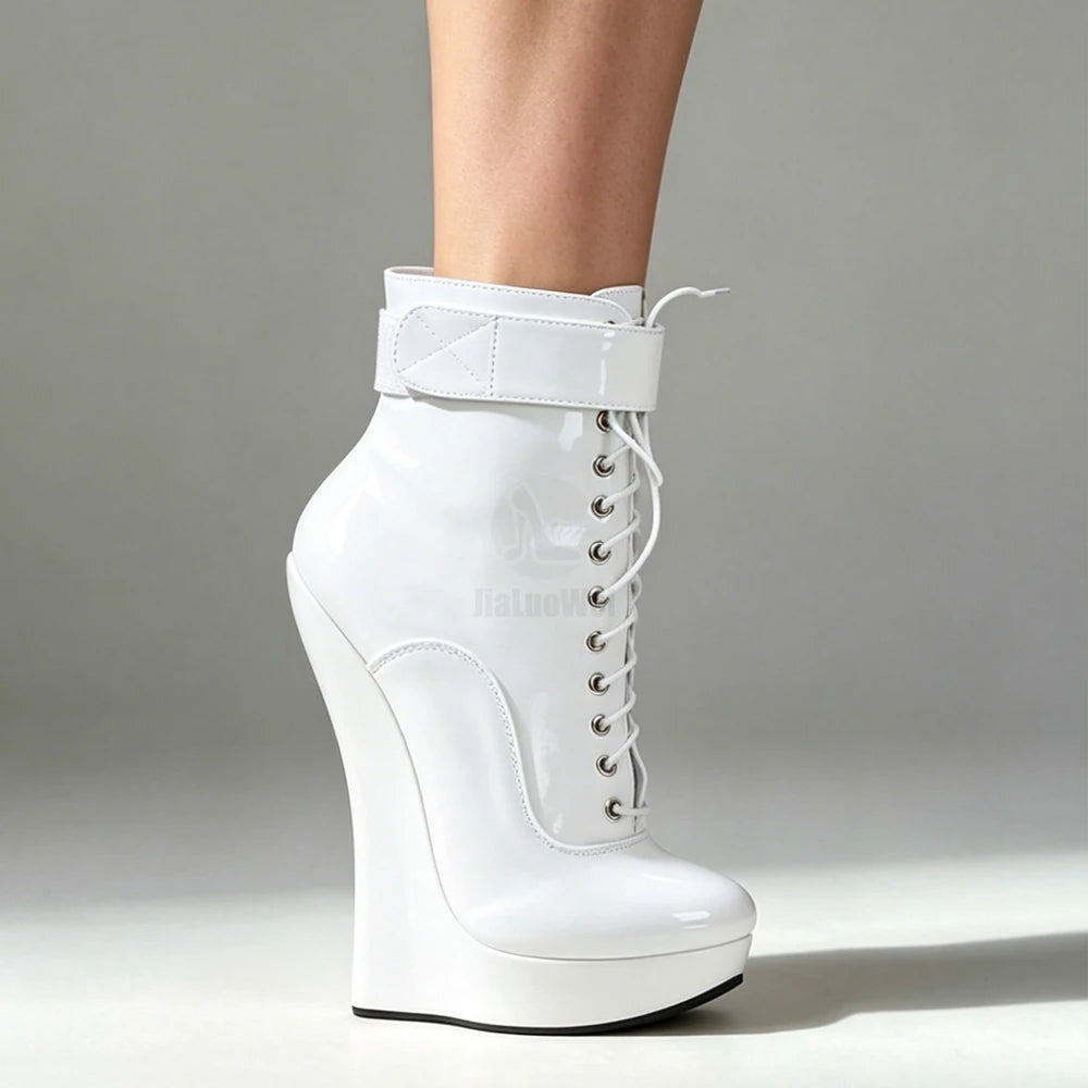 jialuowei Women Sexy Fetish Super High 18cm Super Wedge Heel Pointed Toe Zipper Cross-tied Ankle BALLET Boots Plus Size