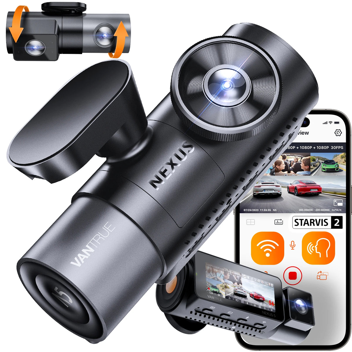 Vantrue N5 DashCam 4 Channel WiFi 360° All Sides 2.7K+1080P*3 GPS Tracking  Smart Voice Control Rotatable Camera Car accessories