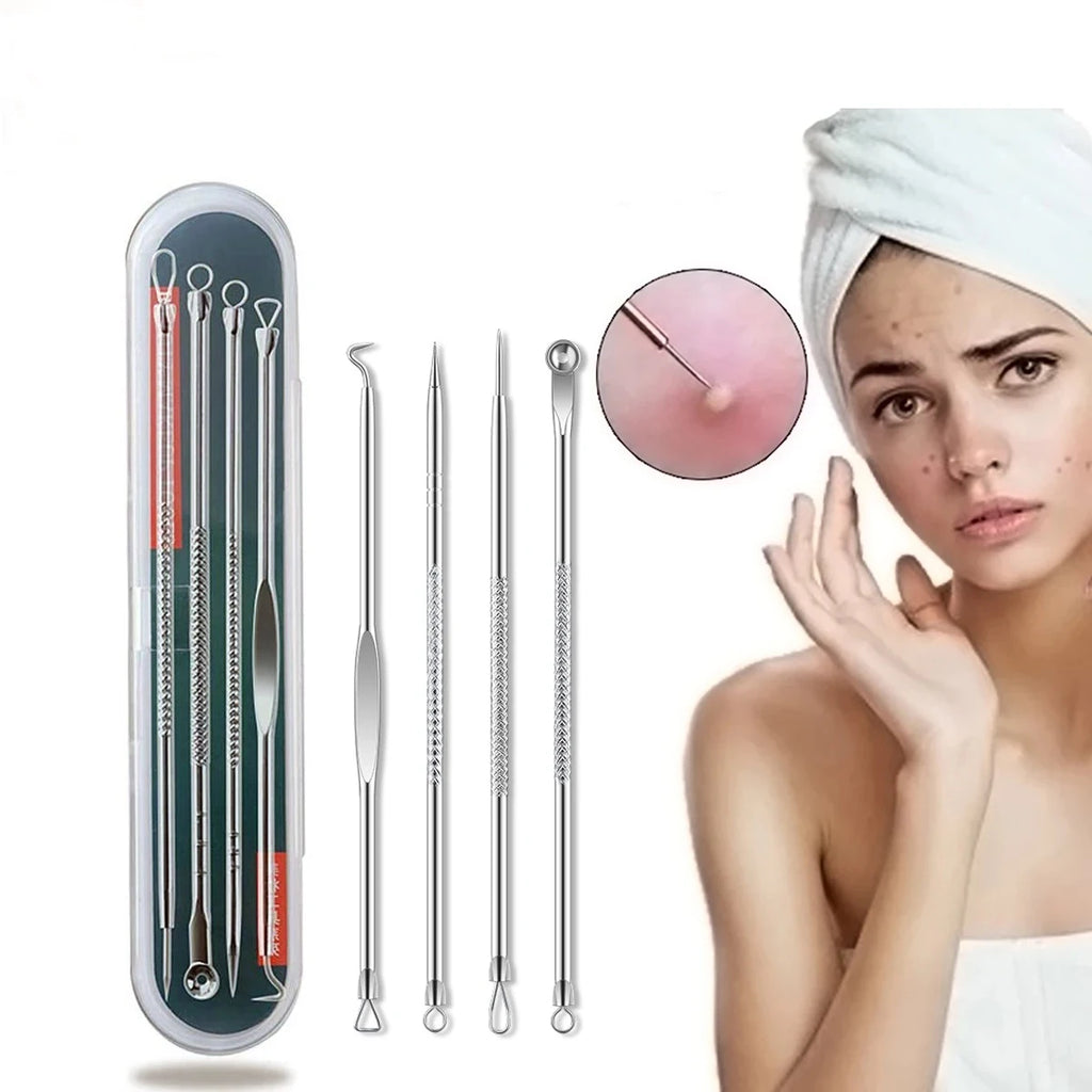 4PCS Acne Blackhead Comedone Black Spot Pimple Blemish Remover Skin Care Needle Facial Pore Cleanser Hook Beauty Cleaning Tool