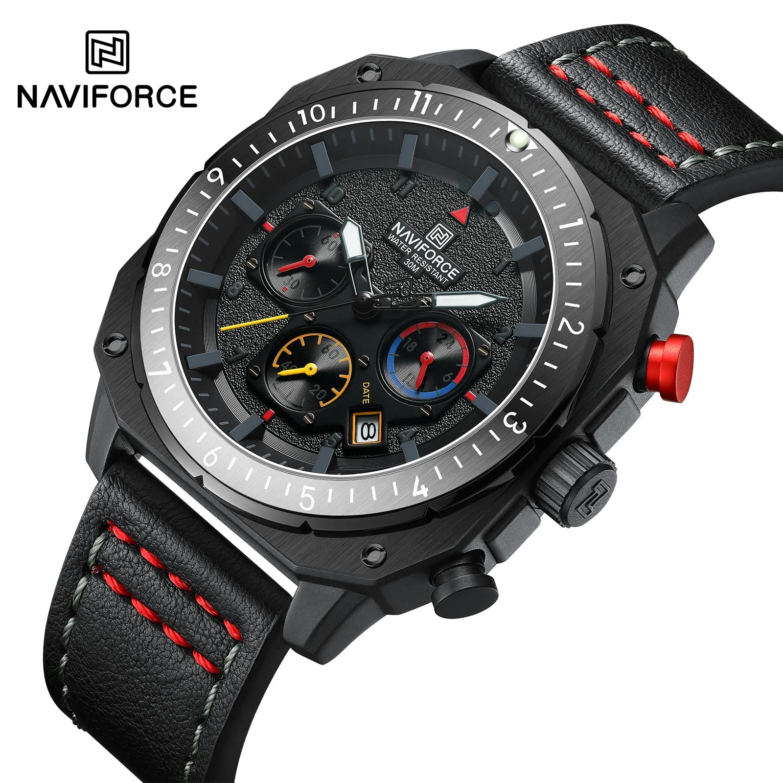 NAVIFORCE Sports Multifunction Waterproof Watches for Men Fashion Leather Luxury Brand Quartz Analog Luminous Square Wrist Watch