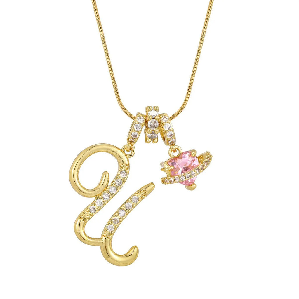 Fashion Letter Necklace Pink for Women  Zircon Heart Pendant Suitable for Personalized Stainless Steel Luxury Jewelry for Girls