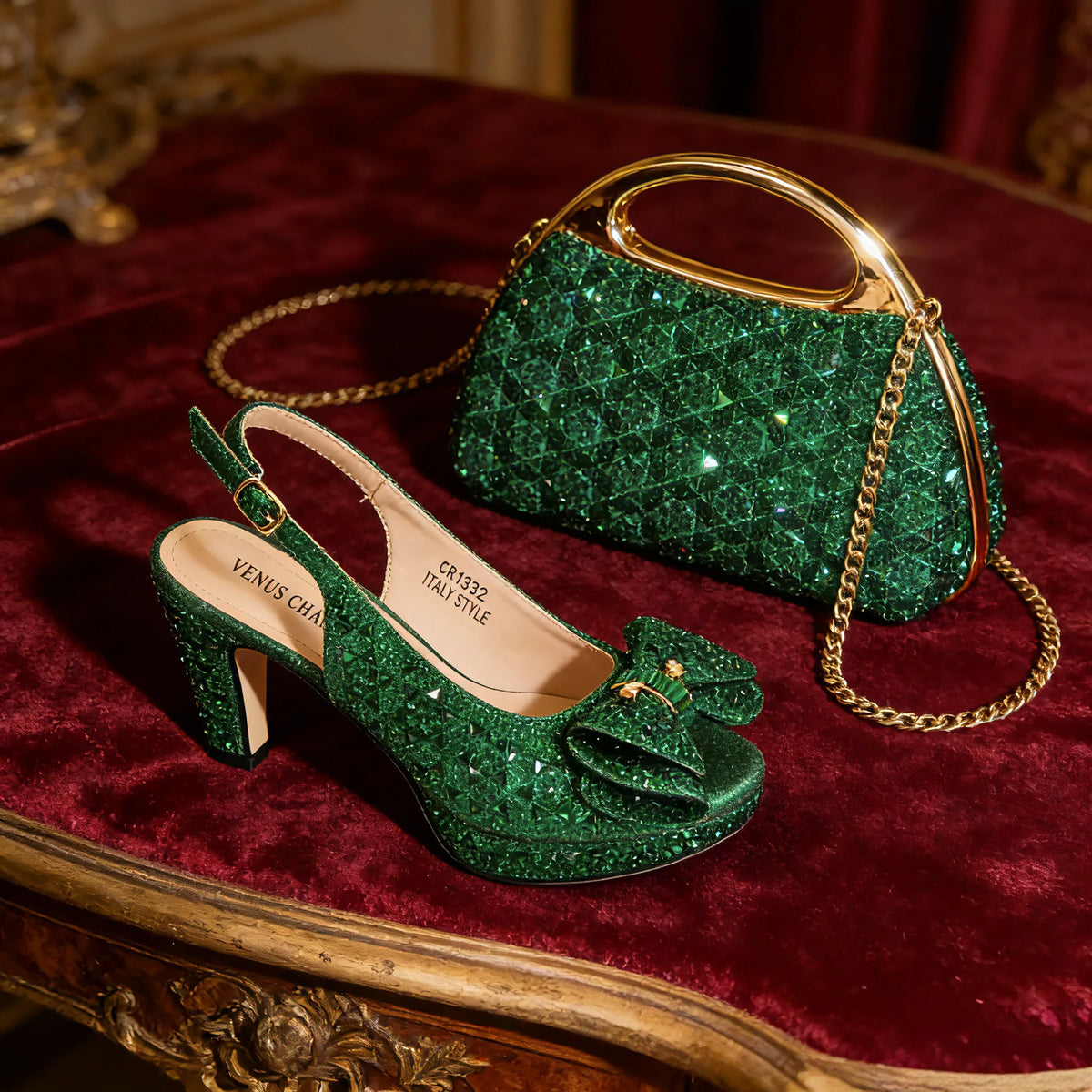 Chic Green Rhinestone Peep-Toe High Heel Sandals and Elegant Matching Bag Set for Women's Parties and Weddings - Italian Design