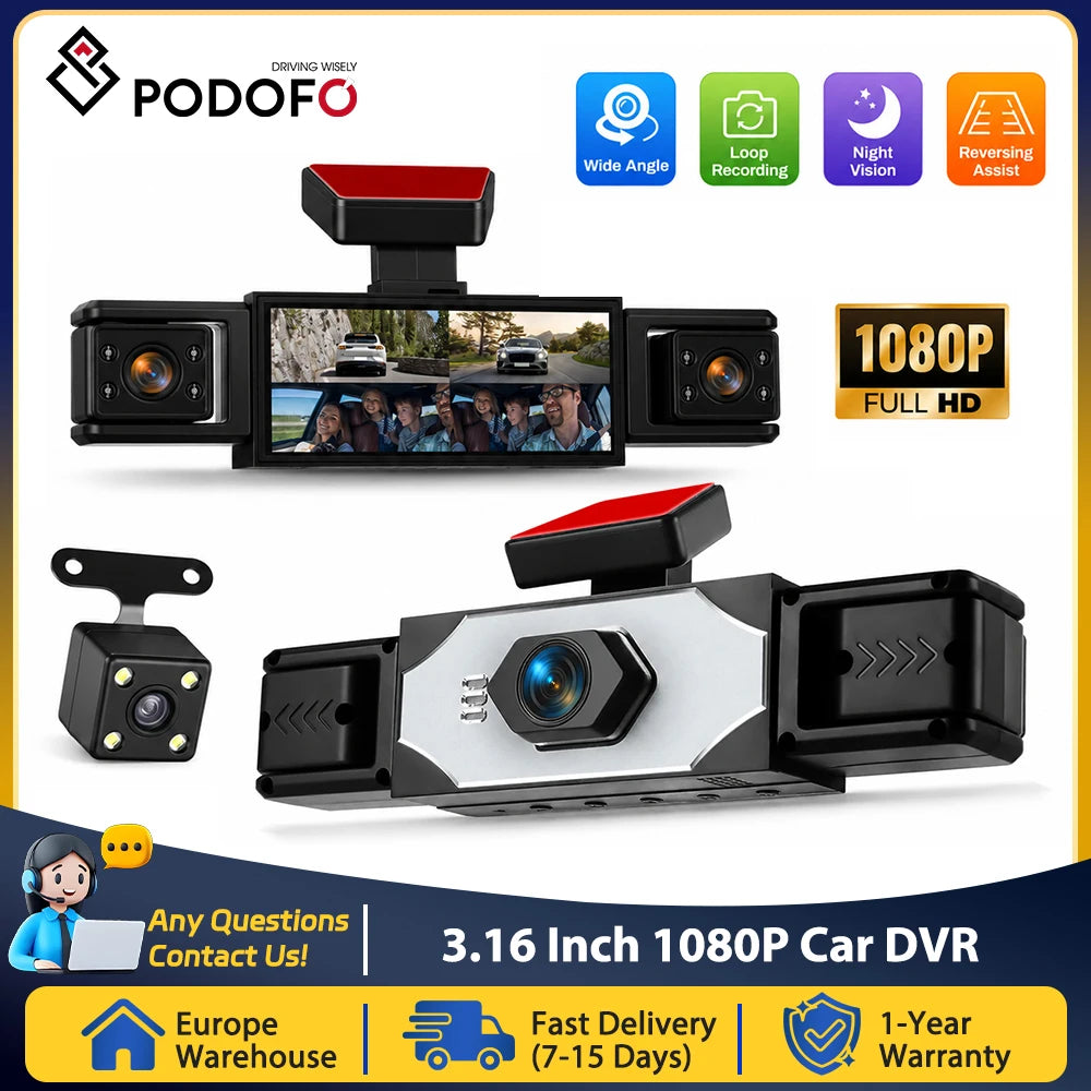 Podofo 3.16'' Dash Cam Four Lens Video Recorder With 480p Left Interior, Right Interior, And Rear View Cameras With Loop Recording, Exposure Compensation Car Parking, Driving Assistance Camera Recorder