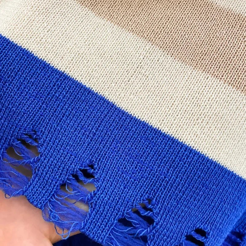 Women's Blue Striped Wide Strap Square Neck Sleeveless Stretchy Sundress Knit Bodycon Midi Dress Tassel ide Slit Summer Dress