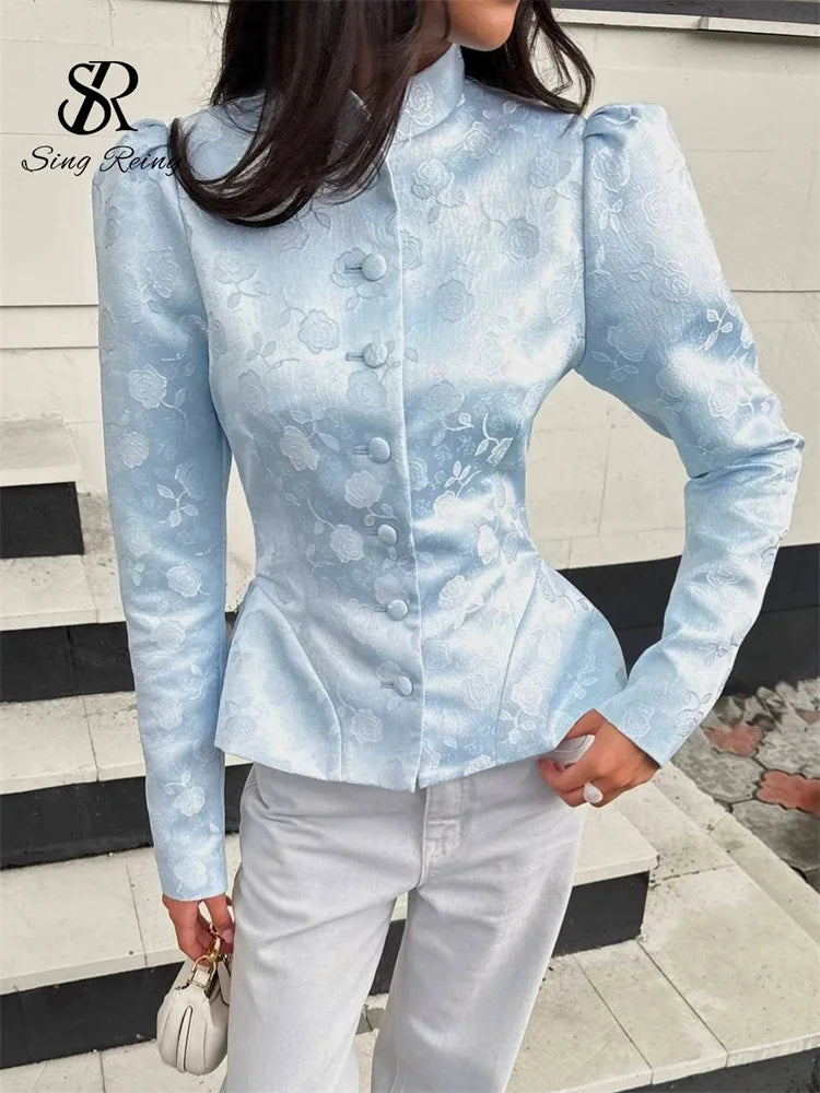 SINGREINY Jacquard Senior Blazer Autumn Stand Neck Full Sleeve Single Breast French Retro Coat Female Office Lady Slim Outerwear