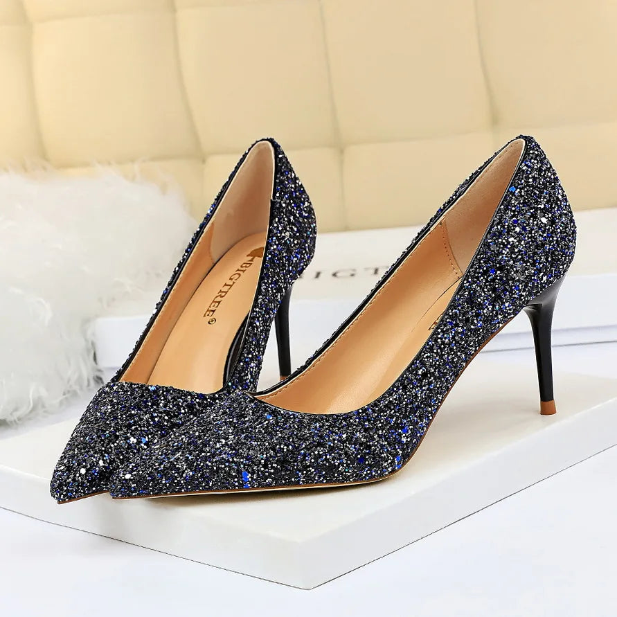 Women 7cm 9.5cm High Heels Bling Pumps Wedding Bridal Scarpins Sparkly Heels Lady Party Sequins Nightclub Evening Gold Red Shoes