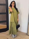Short Sleeve Patchwork Oversized Long Dress Women Elegant O-neck Pleated Loose Party Evening Dresses Summer Casual Lady Vestidos