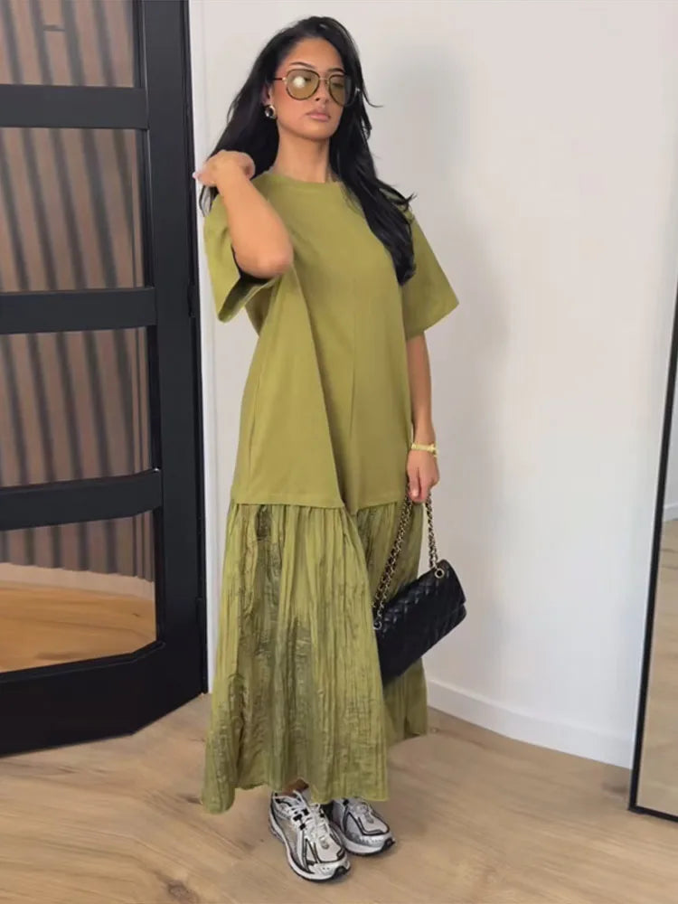 Short Sleeve Patchwork Oversized Long Dress Women Elegant O-neck Pleated Loose Party Evening Dresses Summer Casual Lady Vestidos
