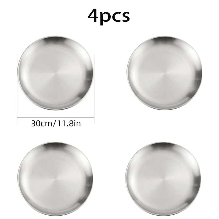 4pcs Stainless Steel Silver Plates, Korean Style Grilled Meat Plates, Household Circular Trays, Bone Plates, Cake Plates