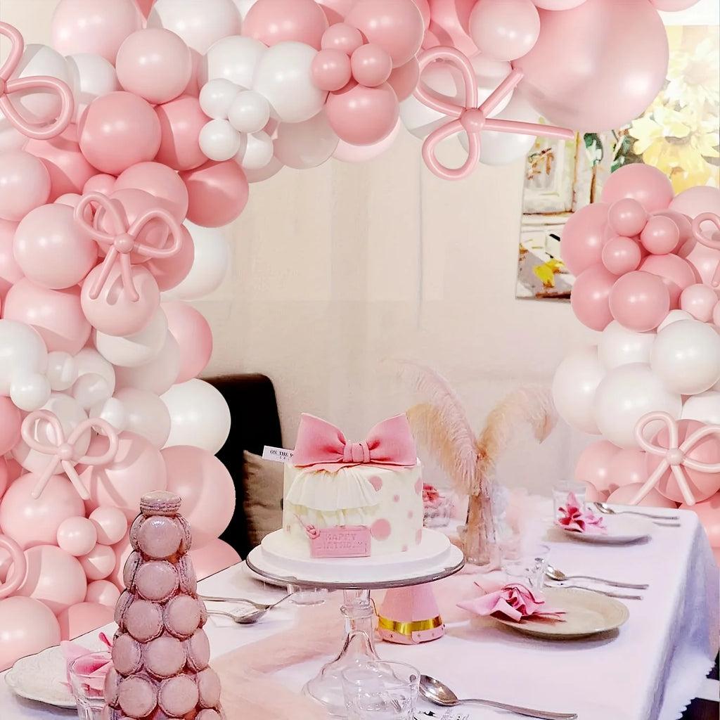 Coquette Birthday Decorations, 152pcs Pink And White Balloon Garland Arch Kit Include Light Pink White Bow Balloons Different Size for Bridal Shower Gender Reavel Wedding Engagement Party Decorations