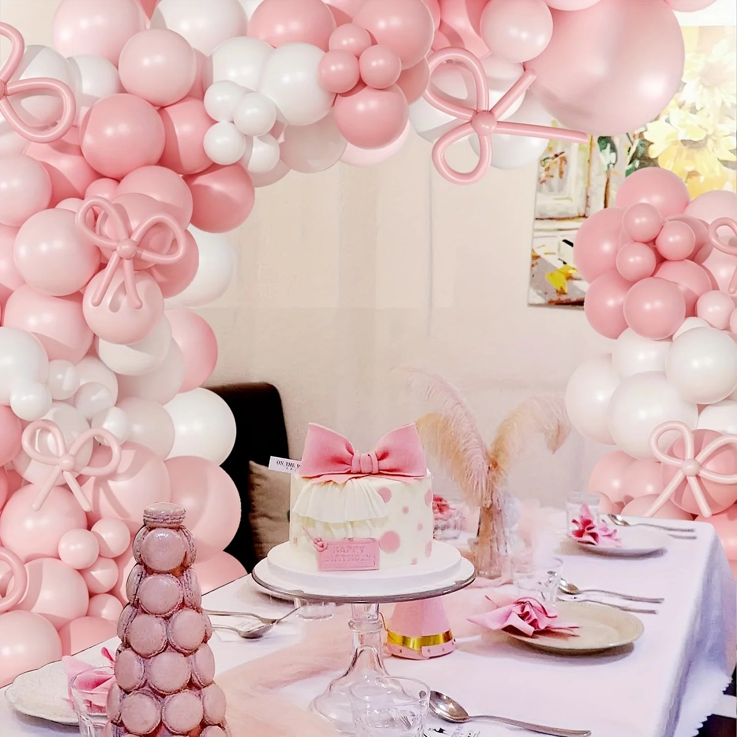 Coquette Birthday Decorations, 152pcs Pink And White Balloon Garland Arch Kit Include Light Pink White Bow Balloons Different Size for Bridal Shower Gender Reavel Wedding Engagement Party Decorations