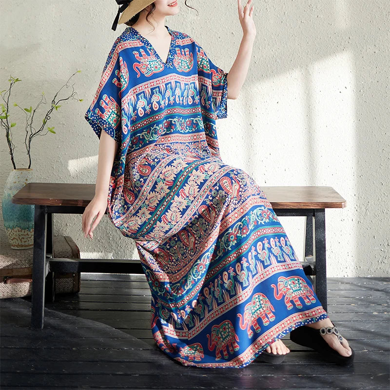 V-Neck Loose Cotton Linen Beach Skirt Summer Casual Long Dress Cover up Retro Style Holiday Fashion plus Size Women's Dress
