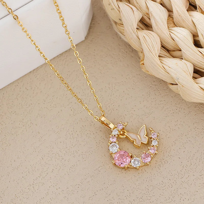 Fashion Butterfly Moon Necklace Women's Stainless Steel Collar Chain High end Elegant 2025 New Korean Jewelry Gift